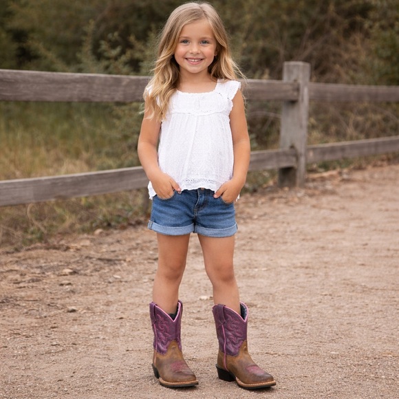 Dan Post Girls Western Cowboy Boots Brown Purple Pink Stitching Size 12D - Picture 1 of 16